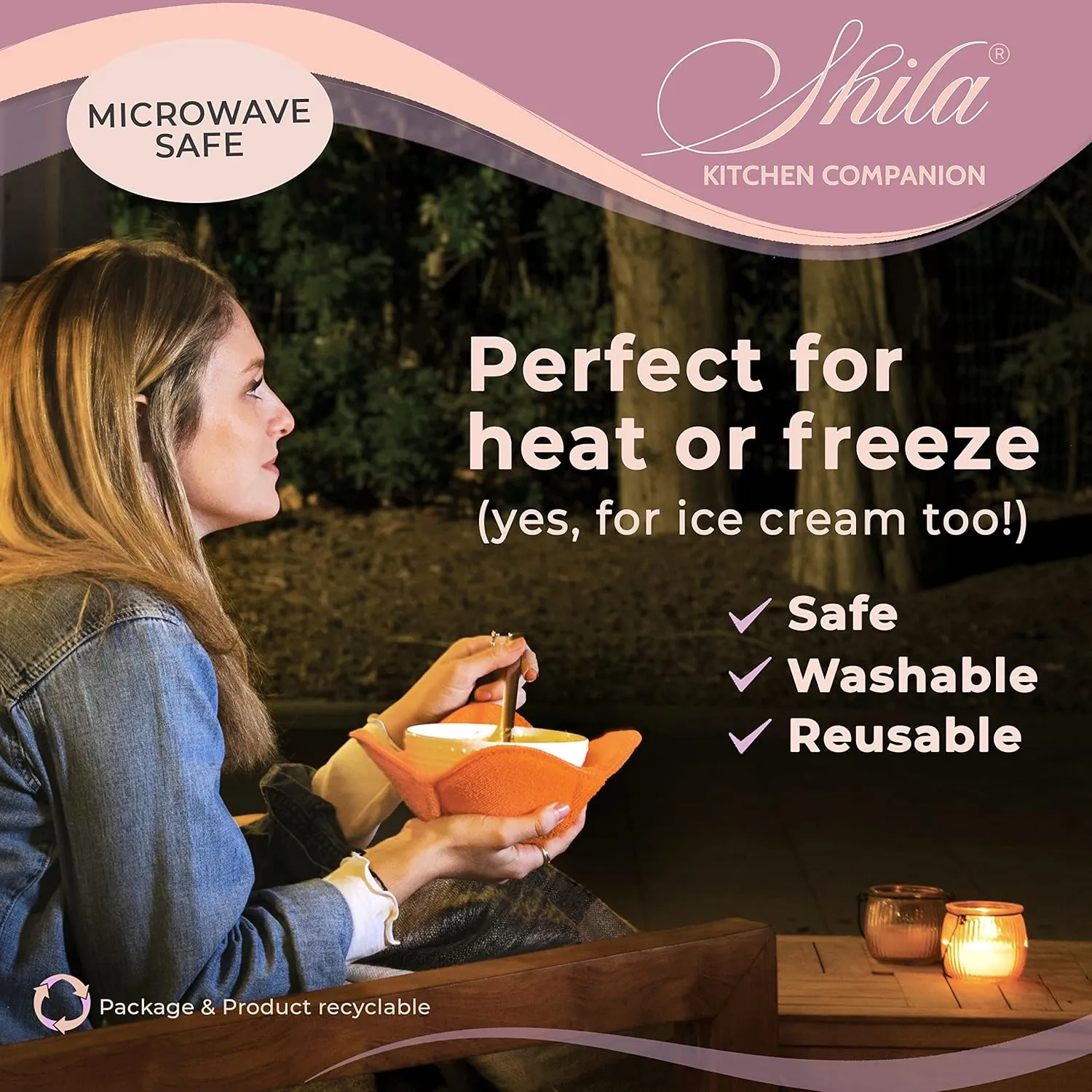 SHILA Bowl Snuggies - Colorful Set of Microwave Safe Bowl Holders to Keep Hands Cool and Meal Warm, Polyester & Sponge Heat Resistant Cozies for Soup, Rice and Pasta