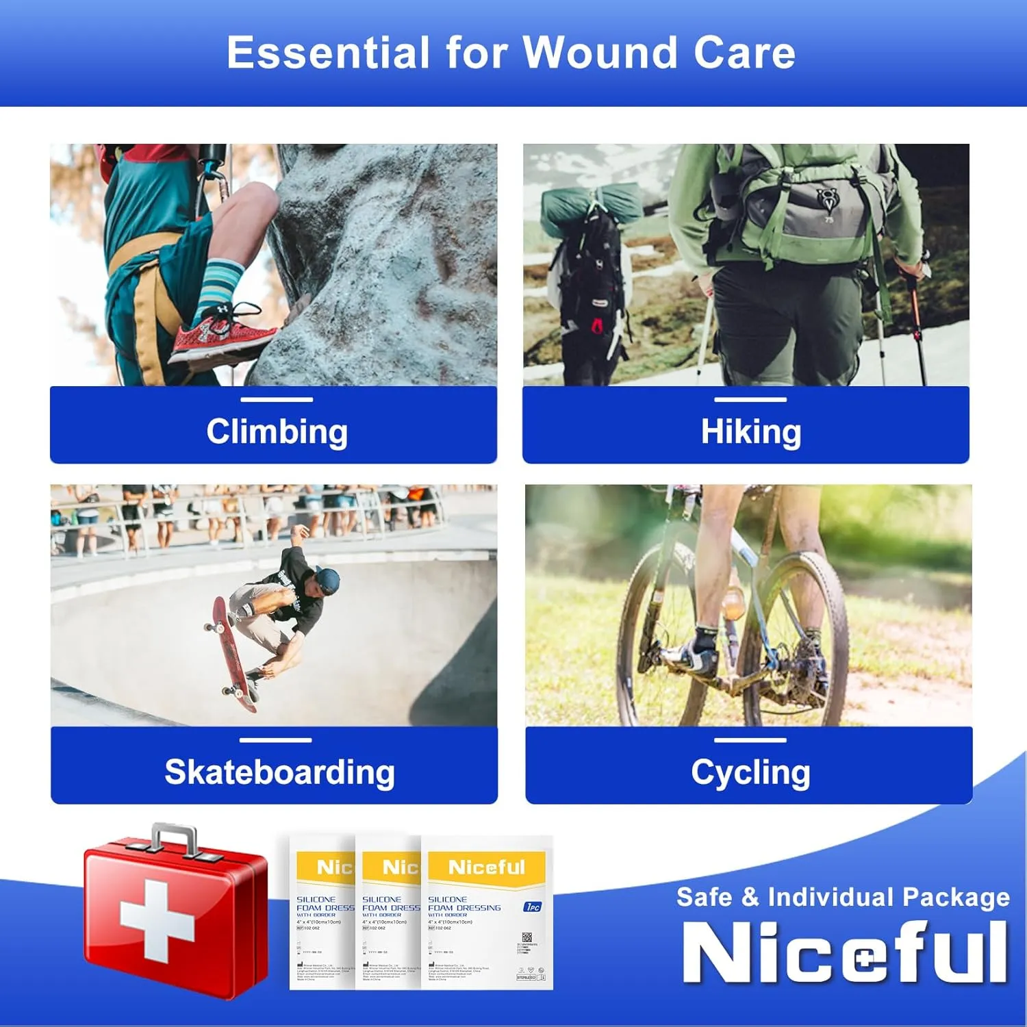 Silicone Foam Dressing 4"x4", Waterproof Silicone Bandages with Border Adhesive, High Absorbency Bed Sore Bandages Wound Care Dressing (2.5"X2.5" Pad), 5 Packs, FSA HSA Eligible