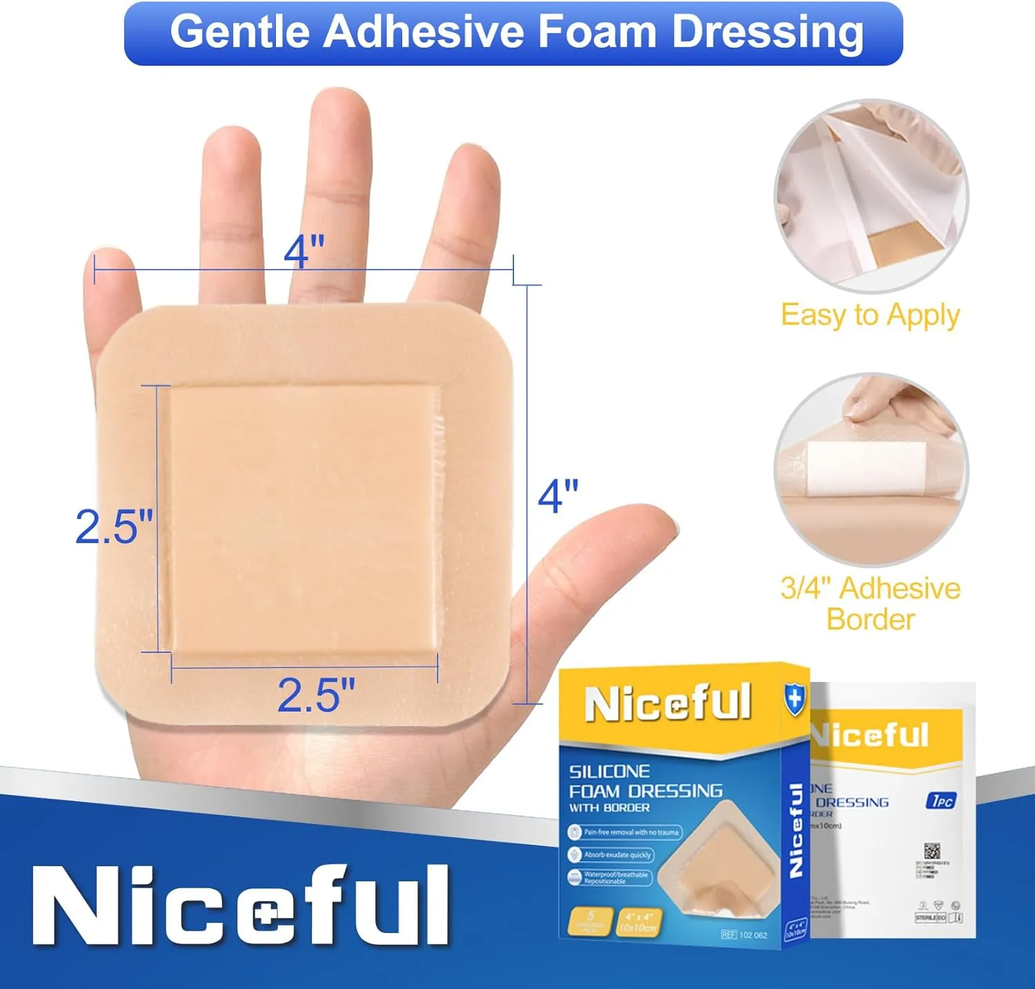 Silicone Foam Dressing 4"x4", Waterproof Silicone Bandages with Border Adhesive, High Absorbency Bed Sore Bandages Wound Care Dressing (2.5"X2.5" Pad), 5 Packs, FSA HSA Eligible