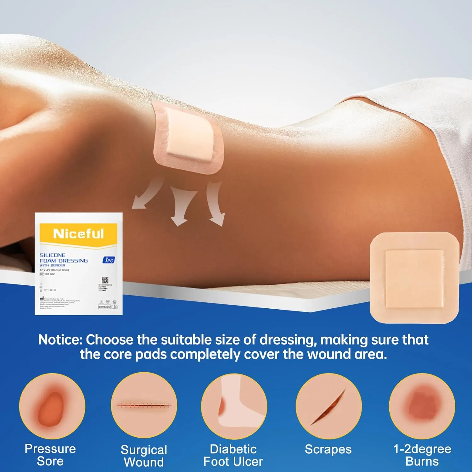 Silicone Foam Dressing 4"x4", Waterproof Silicone Bandages with Border Adhesive, High Absorbency Bed Sore Bandages Wound Care Dressing (2.5"X2.5" Pad), 5 Packs, FSA HSA Eligible