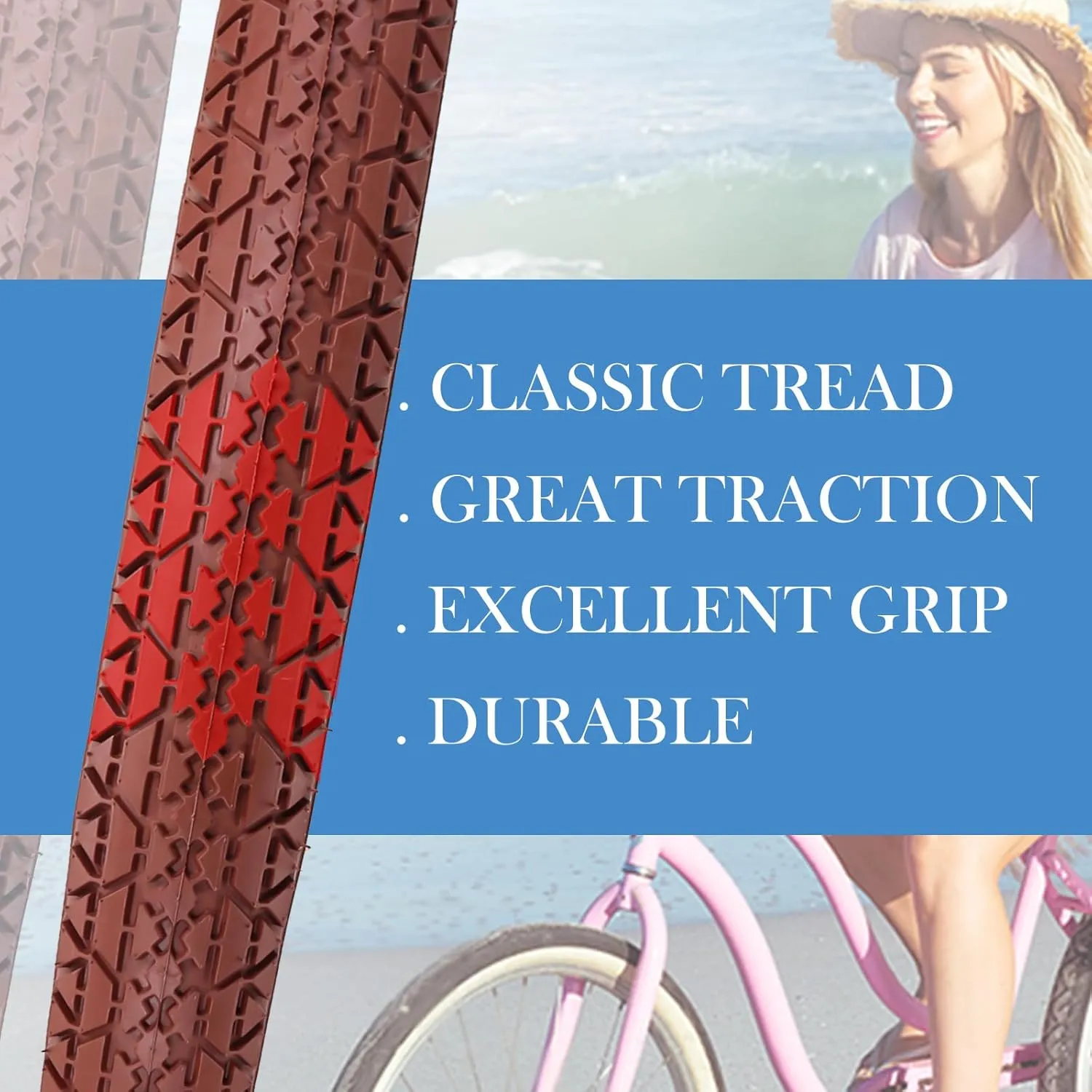 SIMEIQI 2 Pack 24"/26"x2.125" 26"x2.35" Inch Beach Cruiser Bike Tires Brown Cream Retro Color Foldable Replacement Beach Bicycle Tires for Beach City Commuter Hybrid Bicycles