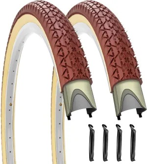 SIMEIQI 2 Pack 24"/26"x2.125" 26"x2.35" Inch Beach Cruiser Bike Tires Brown Cream Retro Color Foldable Replacement Beach Bicycle Tires for Beach City Commuter Hybrid Bicycles