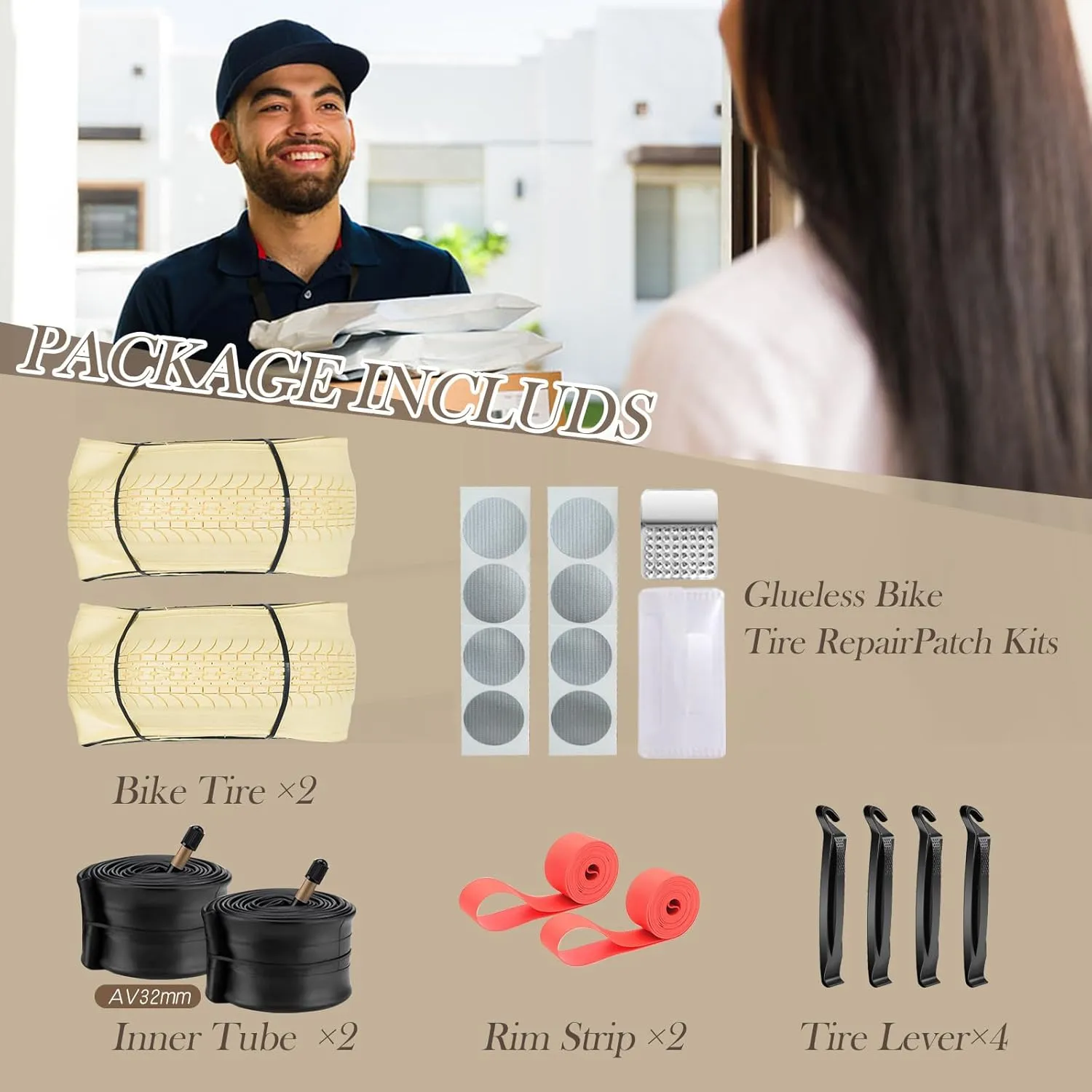 SIMEIQI 2 Pack 24"x2.125" 26"x2.125" 26"x2.35" Cream Beach Cruiser Bike Tires and Tubes with 2 Rim Strips Glueless Patches Kit Foladable Replacement Beach Bike Tires for City Hybrid Bicycles