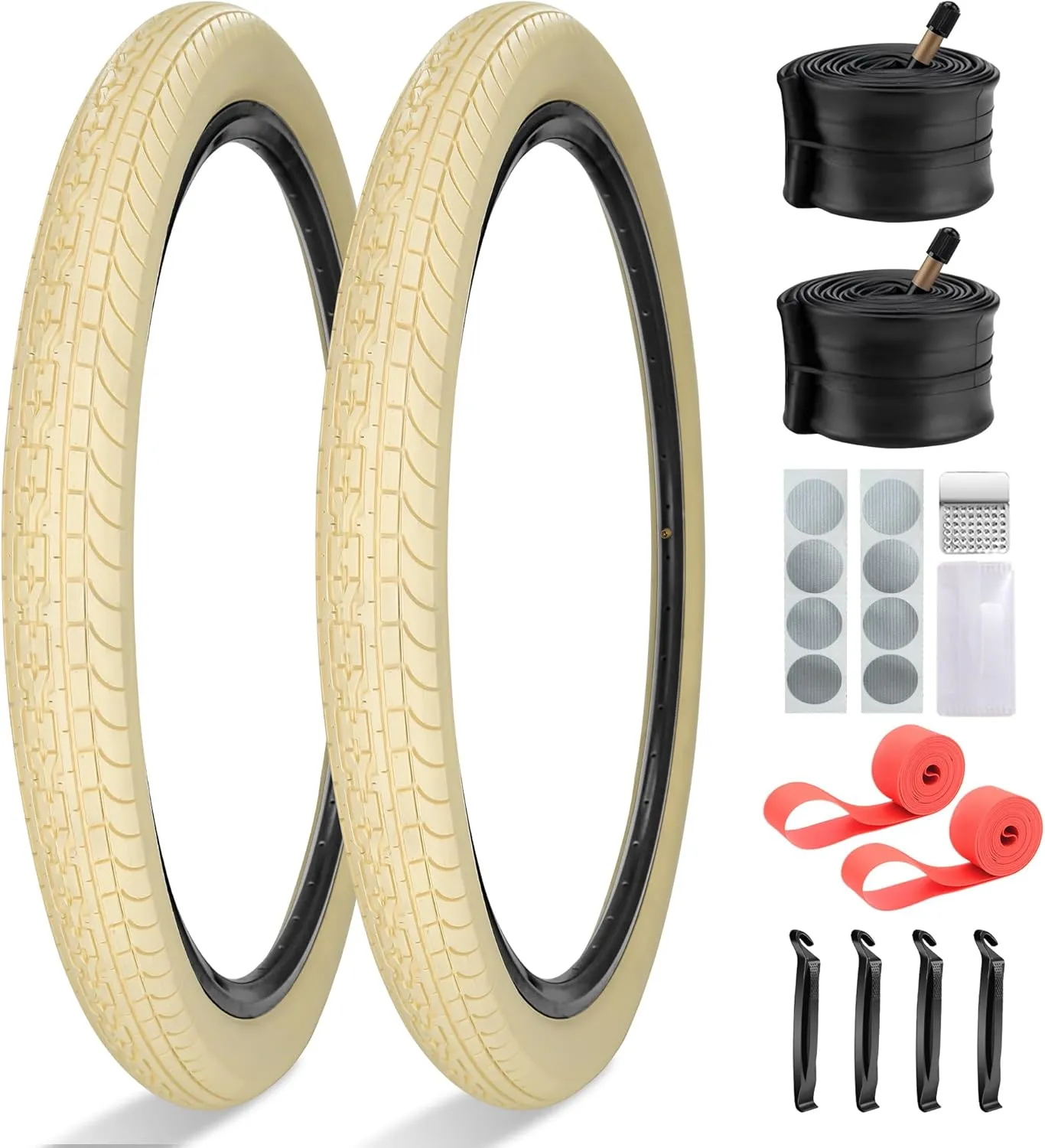SIMEIQI 2 Pack 24"x2.125" 26"x2.125" 26"x2.35" Cream Beach Cruiser Bike Tires and Tubes with 2 Rim Strips Glueless Patches Kit Foladable Replacement Beach Bike Tires for City Hybrid Bicycles