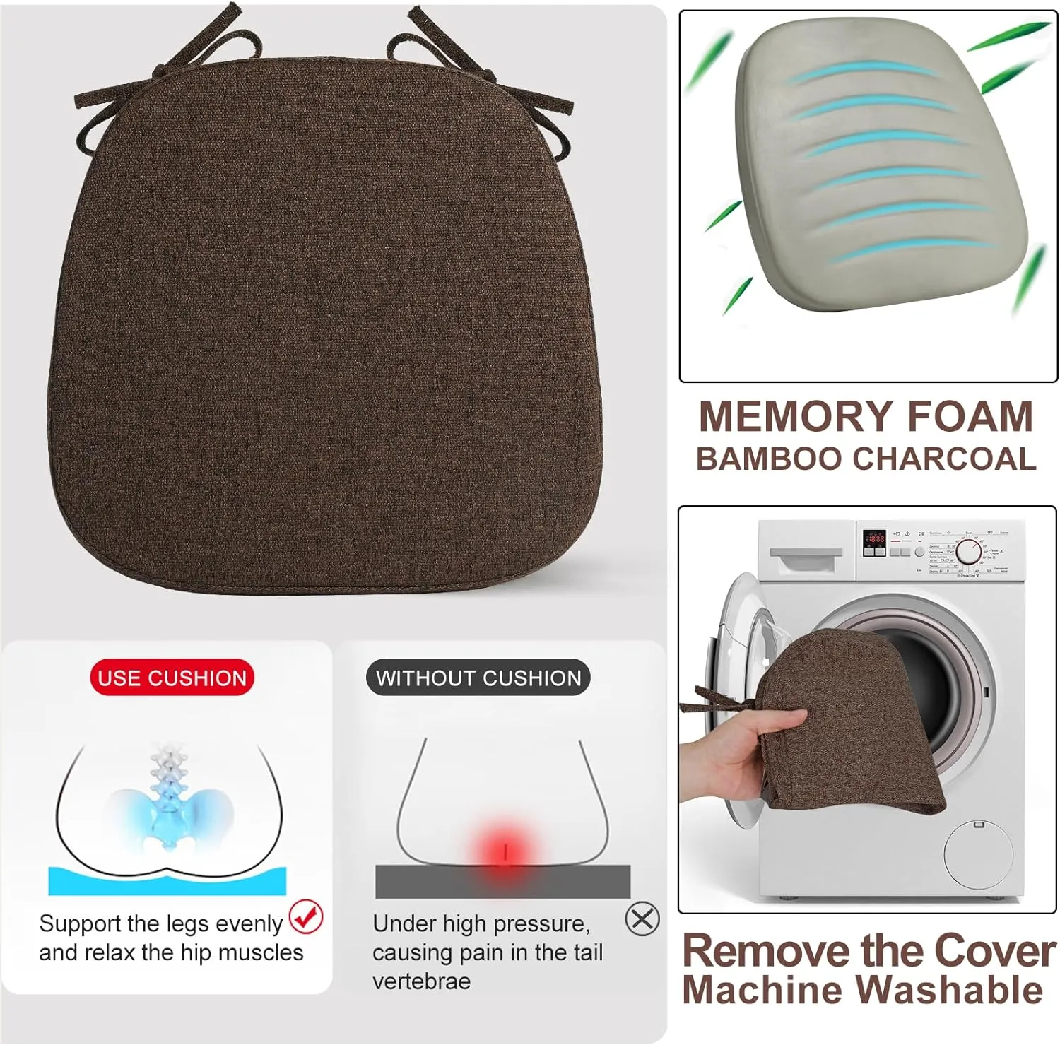SINOSSO 1 Pack Memory Foam Chair Cushions for Dining Chair, Friendly Woven Fabric 16" U-Shape Comfortable Kitchen Chair Pad, Removable Slip Resistant Seat Cushion (1 Piece, Dark Brown)