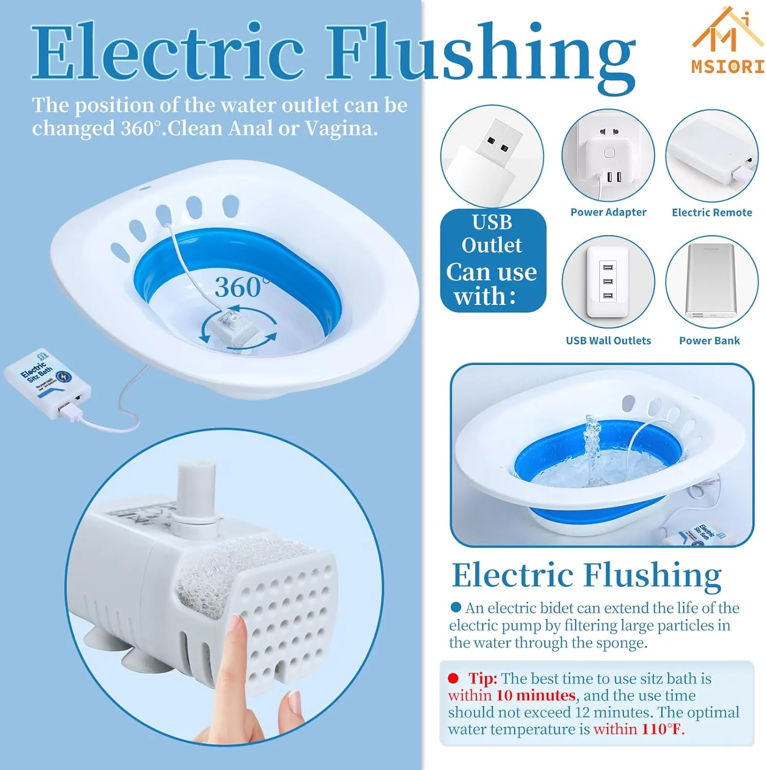 Sitz Bath, Msiori Electric Sitz Bath, Sitz Bath for Toilet Seat, Sits Bath Kit for Women, Sitz Bath for Hemorrhoids, Automatic Flushing,Hip Bath Bowl, Foldable
