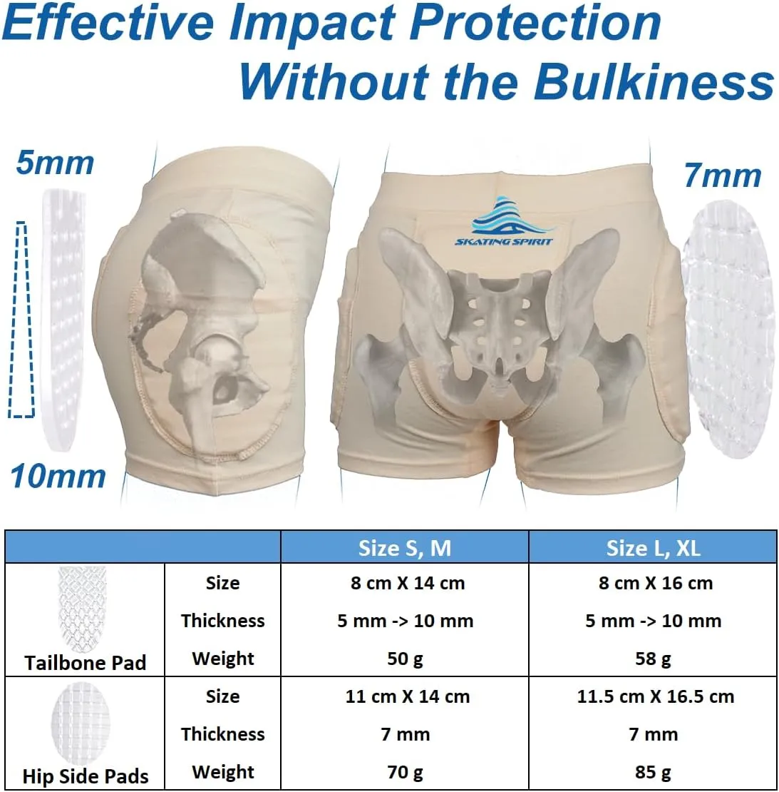 SkatingSpirit Slim Padded Figure Skating Shorts, Hip Tailbone Gel Pad Protective Underwear