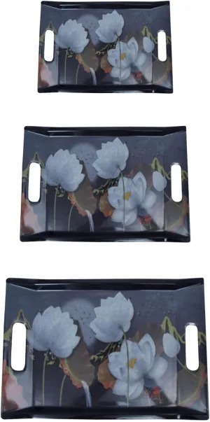 SKG Double Laminated Printed Serving Tray Set of 3 Pcs, Melamine Serving Tray for Kitchen, Dining, Fruits, Desk Tray (Small, Medium, Large) (Black Beauty)