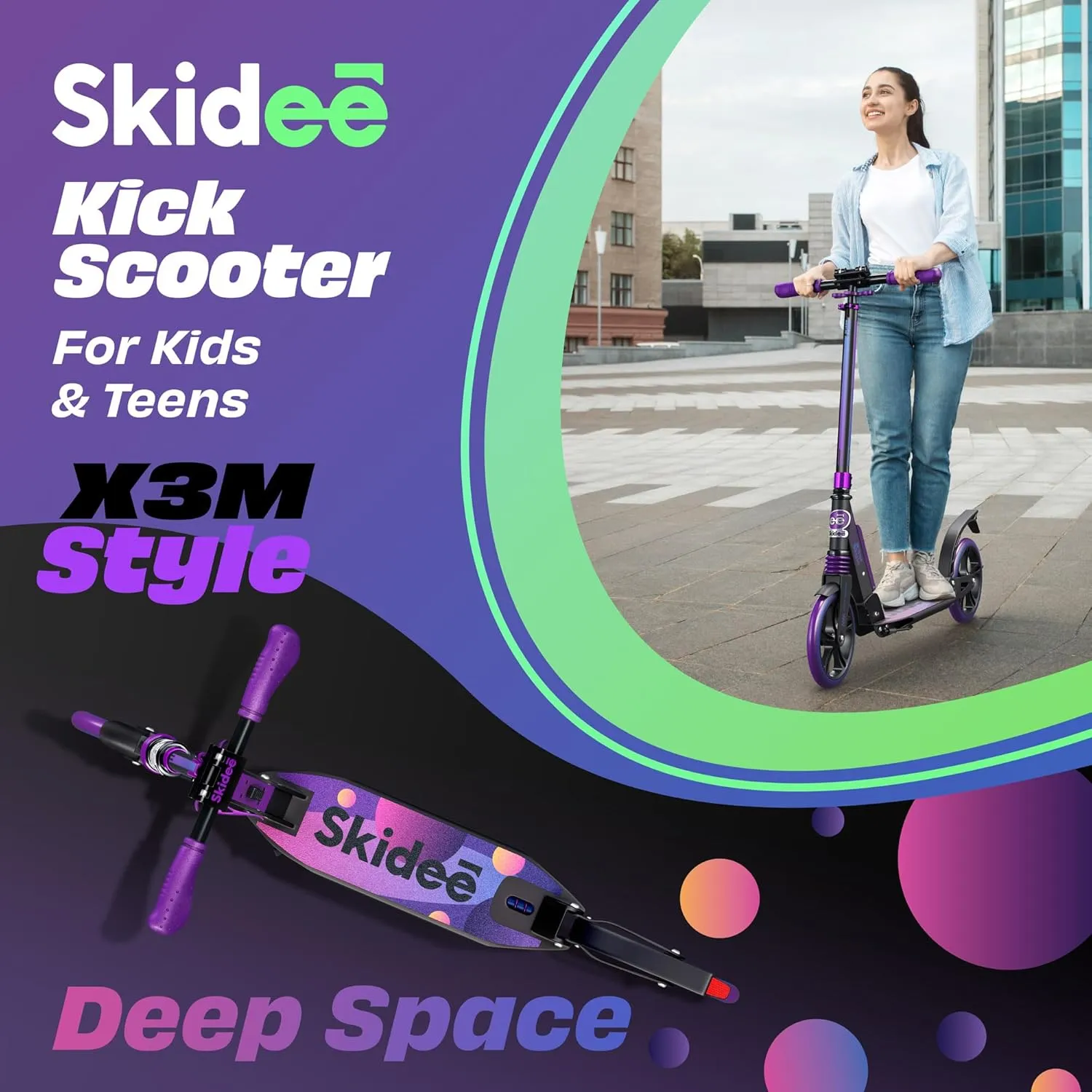 Skidee Adult & Teen Scooter Adjustable Height, Folding, Large Wheels, Lightweight, Durable, Anti-Shock Suspension, Up to 220 lbs