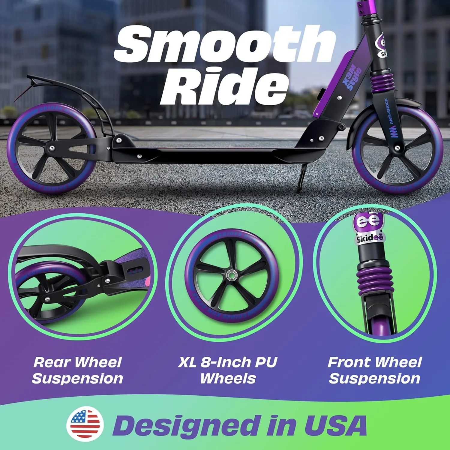 Skidee Adult & Teen Scooter Adjustable Height, Folding, Large Wheels, Lightweight, Durable, Anti-Shock Suspension, Up to 220 lbs
