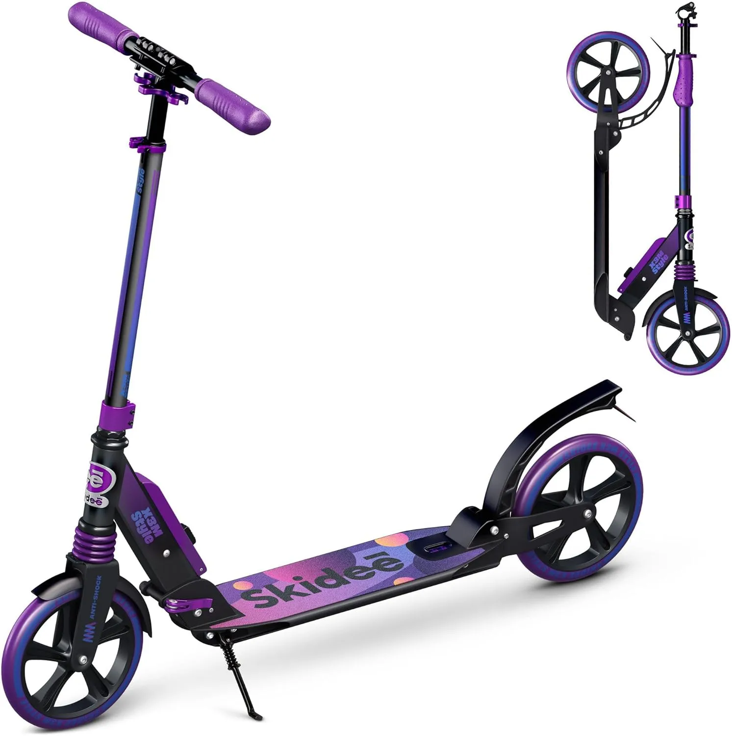 Skidee Adult & Teen Scooter Adjustable Height, Folding, Large Wheels, Lightweight, Durable, Anti-Shock Suspension, Up to 220 lbs
