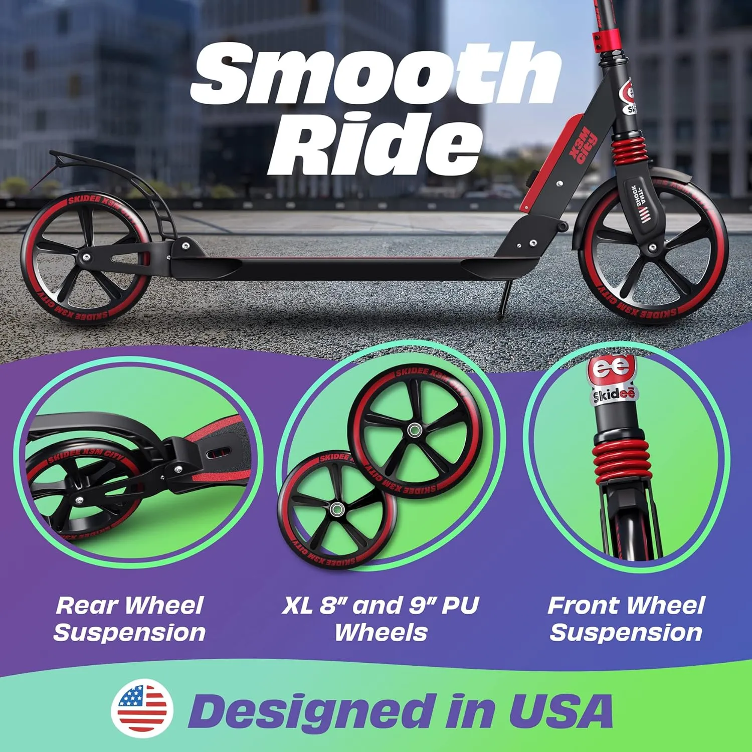 Skidee Adult & Teen Scooter Adjustable Height, Folding, Large Wheels, Lightweight, Durable, Anti-Shock Suspension, Up to 220 lbs