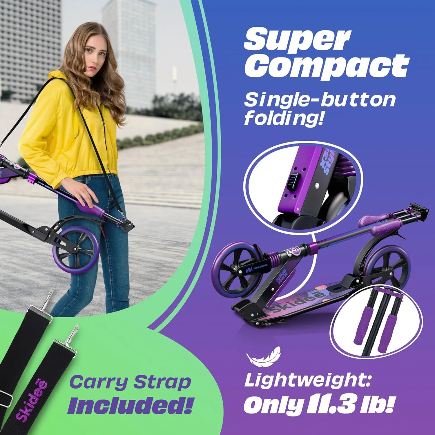 Skidee Adult & Teen Scooter Adjustable Height, Folding, Large Wheels, Lightweight, Durable, Anti-Shock Suspension, Up to 220 lbs