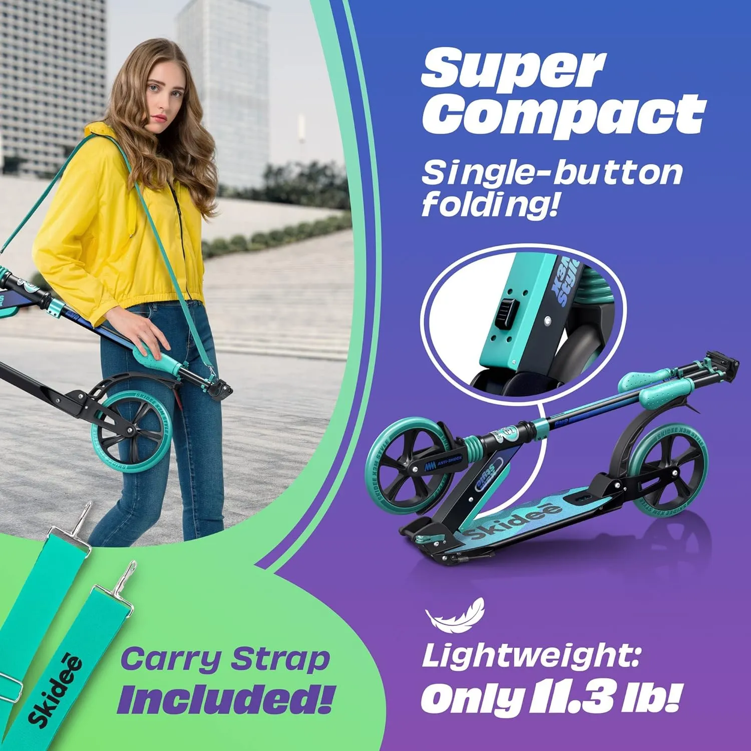 Skidee Adult & Teen Scooter Adjustable Height, Folding, Large Wheels, Lightweight, Durable, Anti-Shock Suspension, Up to 220 lbs