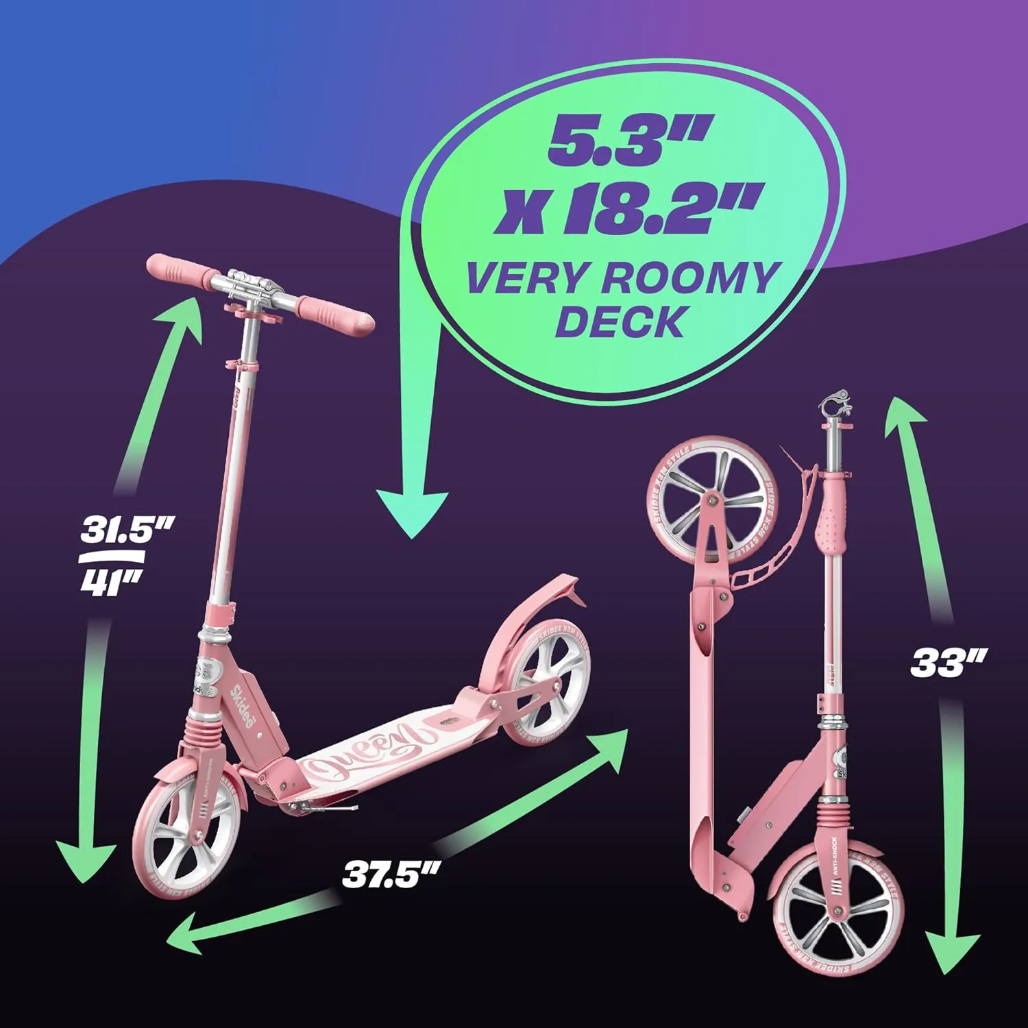 Skidee Adult & Teen Scooter Adjustable Height, Folding, Large Wheels, Lightweight, Durable, Anti-Shock Suspension, Up to 220 lbs