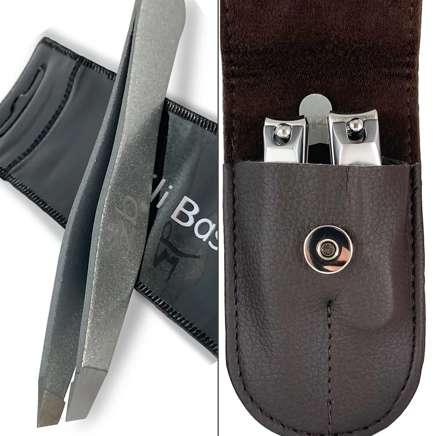 Slant Tweezers for Eyebrow and Facial Hair Removal and 3 Piece Nail Clipper Set - Fingernail & Toe Nail Clippers with Nail File and Brown Travel Case - Bundle