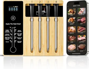 Smart Wireless Meat Thermometer 4 Probes, Bluetooth Food Thermometer, Remote Tracking and Real-Time Readings from Apps, for iOS and Android, for BBQ, Grill, Smoker, Nigogor Heat-Resistant Probes