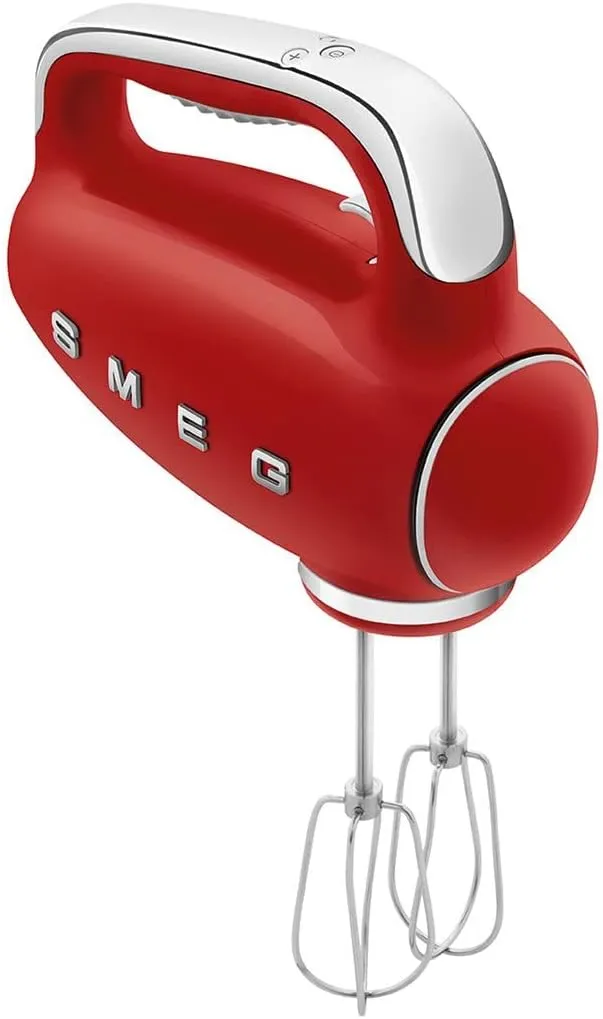 SMEG Red 50's Retro Style Electric Hand Mixer with Set of Beaters, Set of Dough Hooks and Set of Whisks