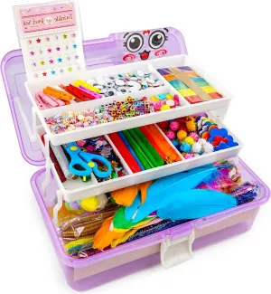 SMILESSKIDDO Arts Craft Supplies for Kids - 1000  PCS Toddler DIY Craft Art Supply Set, Portable 3 Layered Folding Storage Box School Craft Projects - Gifts for Girls Crafts for Girls Ages 4-8 8-12