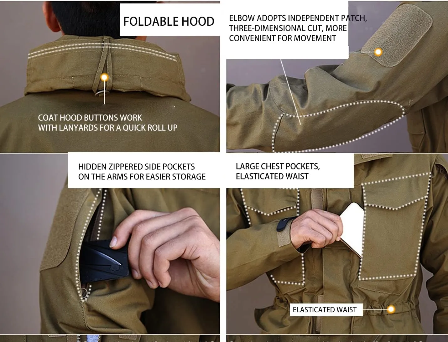 Snoly Men's M65 Outdoor Field Coat Field Jacket Military Trucker Cargo Jacket Coats With Hood Tactical Windbreaker
