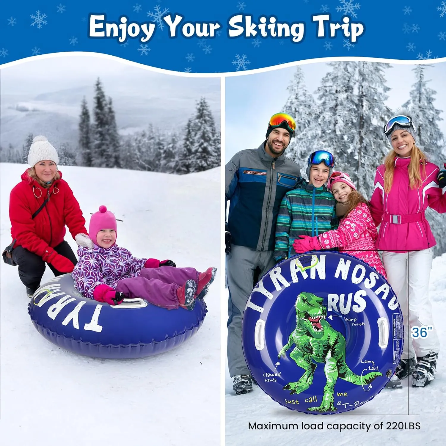 Snow Tubes for Kids, 36" Durable Inflatable Snow Sleds, Heavy Duty Thickened Bottom Snow Sled with Sturdy Handles, Sledding Skiing Winter Outdoor Gifts Toys for Kids