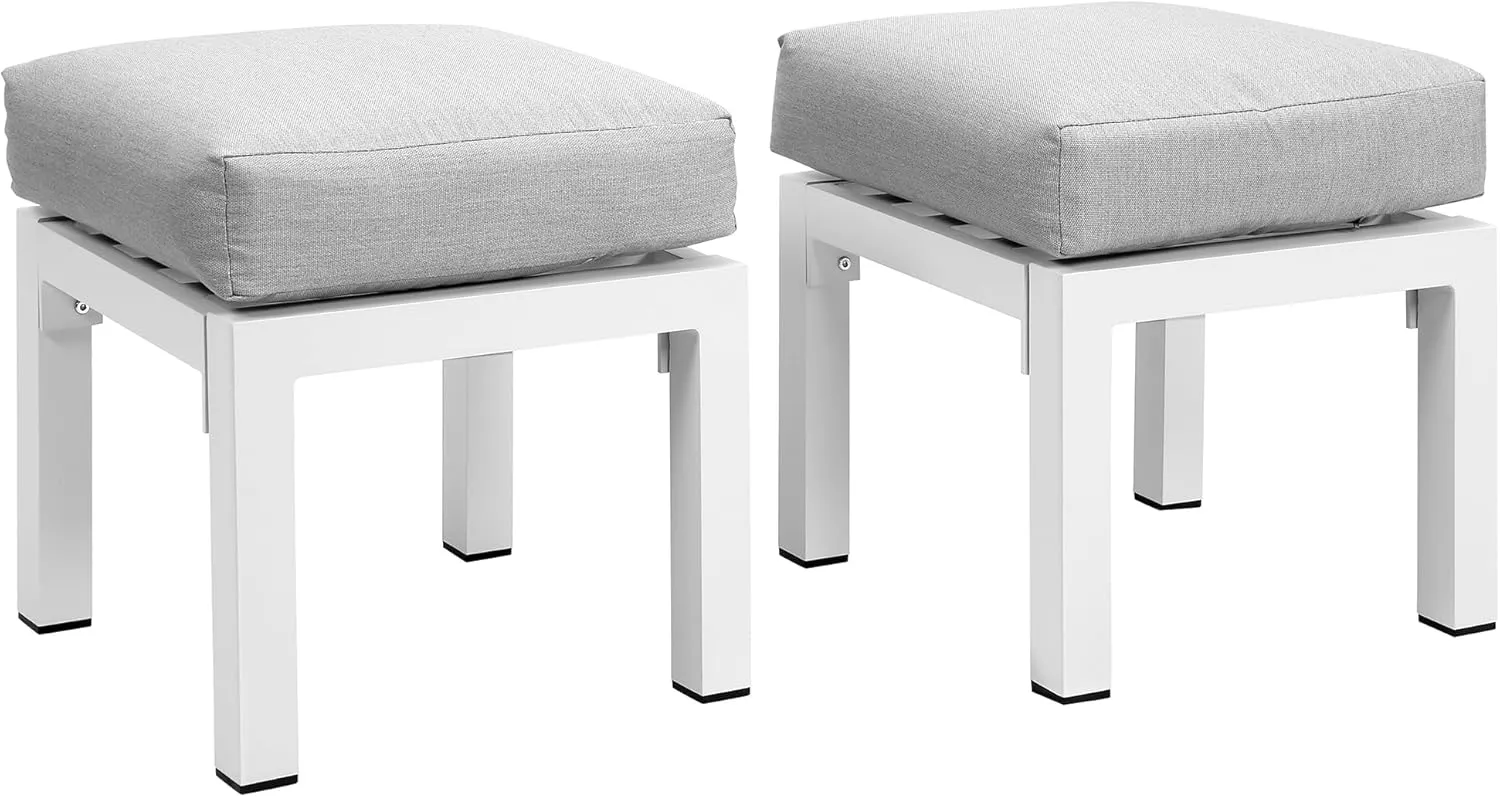 Solaste Outdoor Patio Ottomans Set of 2, Aluminum Outdoor Foot Stools with Cushions, Small Seat Furniture for Balcony, Backyard, Porch, Lawn,Light Grey