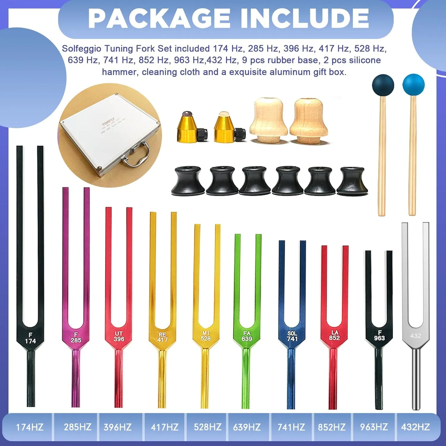 Solfeggio Tuning Fork Set - 10 Tuning Forks Perfect for DNA Healing, Chakra, Sound Therapy, Multicolour, with Exquisite Aluminum Gift Box (174 Hz, 285 Hz, 396 Hz, 417 Hz, 432Hz, 528 Hz etc)