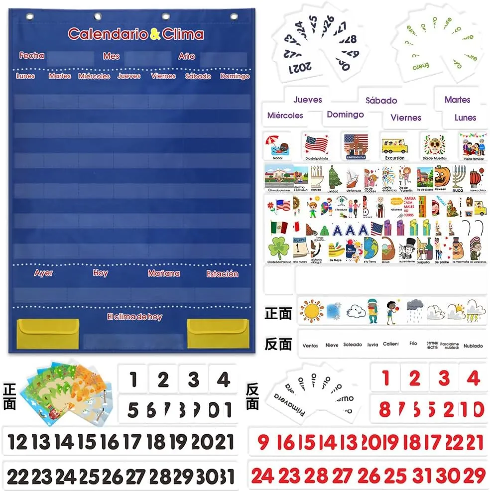 Spanish Bilingual Calendar & Weather Pocket Chart – 142 Laminated Flash Cards (Días, Meses, Clima) – Heavy-Duty Classroom Teaching Tool for Dual Language Homeschool & Elementary (Blue)