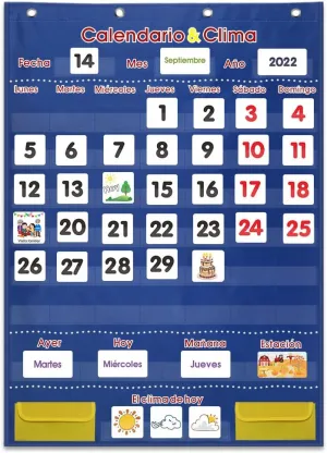 Spanish Bilingual Calendar & Weather Pocket Chart – 142 Laminated Flash Cards (Días, Meses, Clima) – Heavy-Duty Classroom Teaching Tool for Dual Language Homeschool & Elementary (Blue)