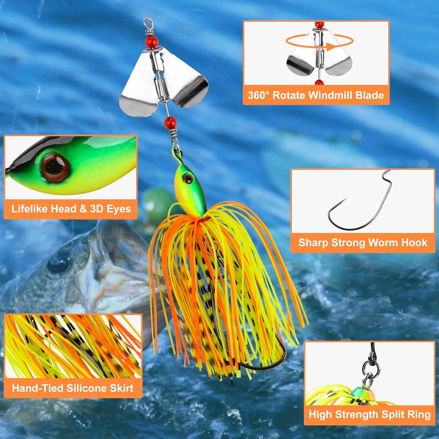 Spinnerbait Fishing Lures Kit Set, 6pcs Bass Fishing Buzzbait Multicolor Bass Trout Salmon Metal Spinner Baits Swim Jigs Freshwater Saltwater Fishing