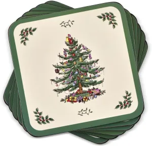 Spode Christmas Tree Holiday Coasters (Set of 6) - Cork Backed Board, Heat and Stain Resistant Drink Coasters - Durable Tabletop Protection, Festive Coasters for Home Décor (4" x 4")