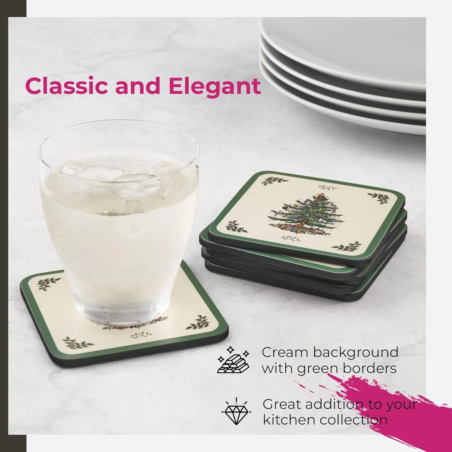 Spode Christmas Tree Holiday Coasters (Set of 6) - Cork Backed Board, Heat and Stain Resistant Drink Coasters - Durable Tabletop Protection, Festive Coasters for Home Décor (4" x 4")