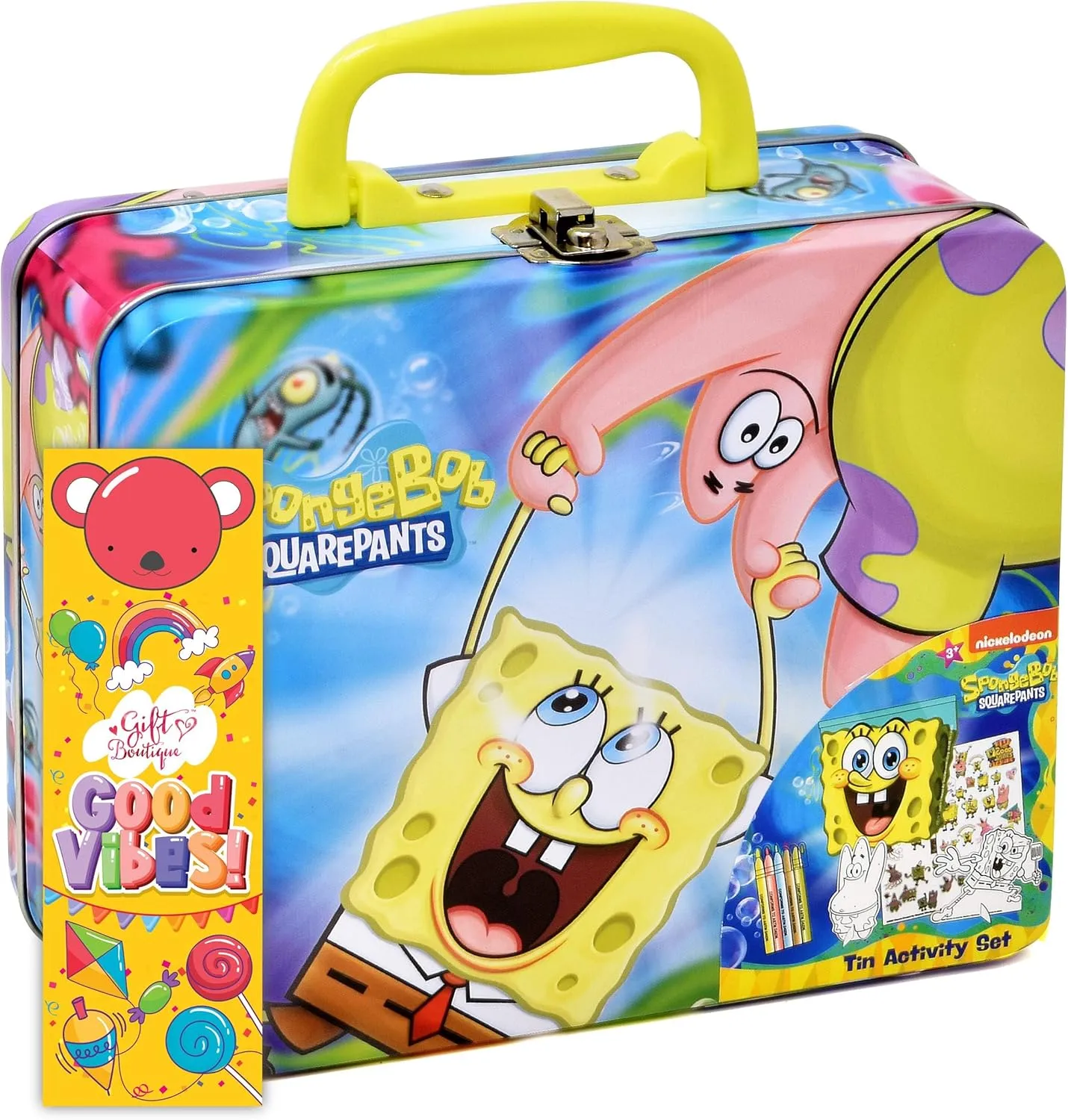 SpongeBob Squarepants Coloring and Activity Tin Box for Kids, with Crayons, Stickers, Sketch Pad, Mess Free Crafts Color Kit for Toddlers, Boys, and Girls Bookmark Included