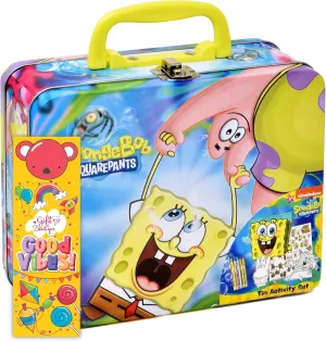 SpongeBob Squarepants Coloring and Activity Tin Box for Kids, with Crayons, Stickers, Sketch Pad, Mess Free Crafts Color Kit for Toddlers, Boys, and Girls Bookmark Included
