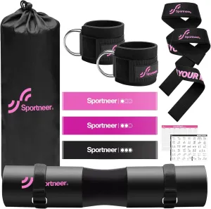 Sportneer Barbell Pad Set: 10pc Squat Pad for Hip Thrusts, Lunges, Leg Day, Standard Olympic Bars with 2 Ankle Straps, 2 Lifting Straps, 3 Resistance Bands, Workout Poster and Carry Bag