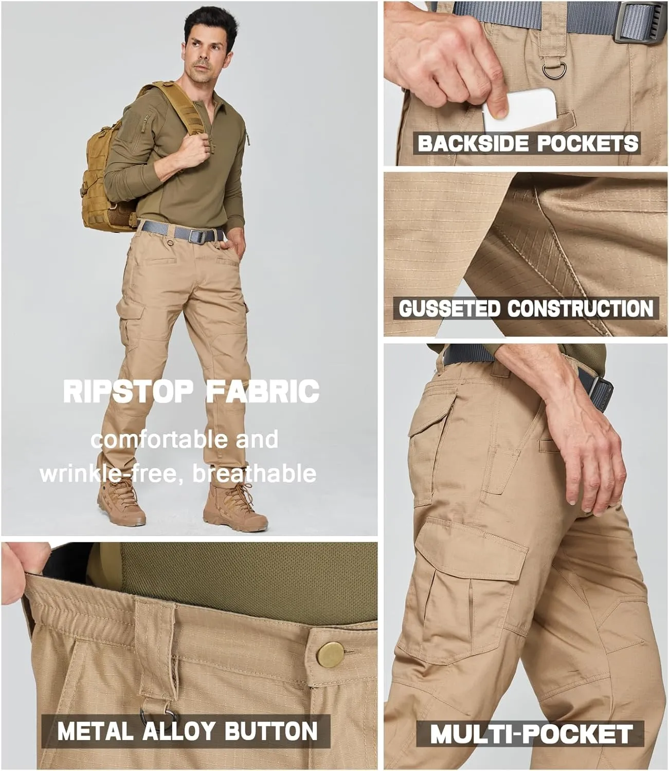 SPOSULEI Mens Tactical Pants Ripstop Cargo Work Pants with 9 Pockets Water Resistant Breathable Hiking Construction Pants