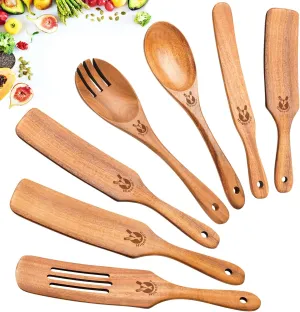 Spurtles Kitchen Tools Wooden, 7Pcs Wooden Spoons for Cooking, Natural Premium Spatula Set, Heat Resistant Cooking Utensil for Nonstick Cookware, Spurtle for Sourdough Starter