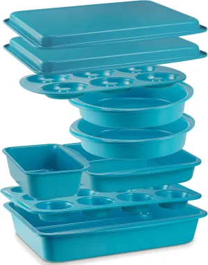 Stackable Bakeware Set, 9-Piece Baking Pans Set with Non-Stick Coating and Innovative Handles, Includes Exclusive Donut Pan – Ideal for Home and Professional Baking (Blue)