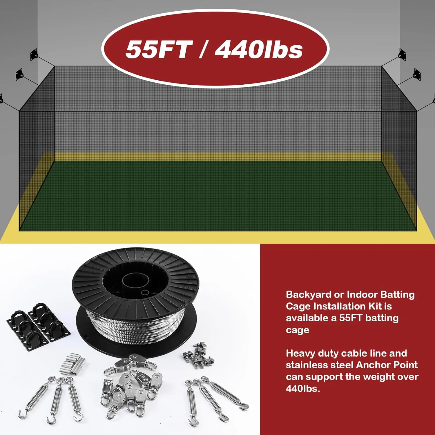 Stainless Steel Batting Cage Netting Wire Tension Kit（35FT/55FT/70FT）, Retractable Batting Cage Cable Kit Suspension, DIY Batting Cage Indoor and Backyard Design, Batting Cage Frame Kit