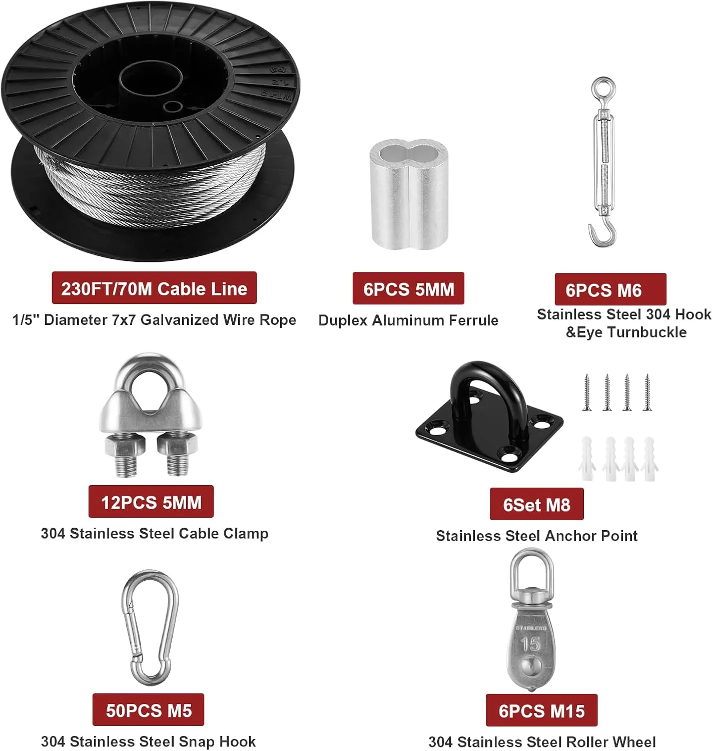 Stainless Steel Batting Cage Netting Wire Tension Kit（35FT/55FT/70FT）, Retractable Batting Cage Cable Kit Suspension, DIY Batting Cage Indoor and Backyard Design, Batting Cage Frame Kit