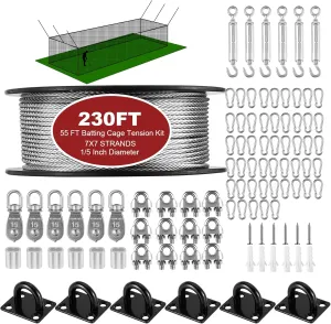 Stainless Steel Batting Cage Netting Wire Tension Kit（35FT/55FT/70FT）, Retractable Batting Cage Cable Kit Suspension, DIY Batting Cage Indoor and Backyard Design, Batting Cage Frame Kit