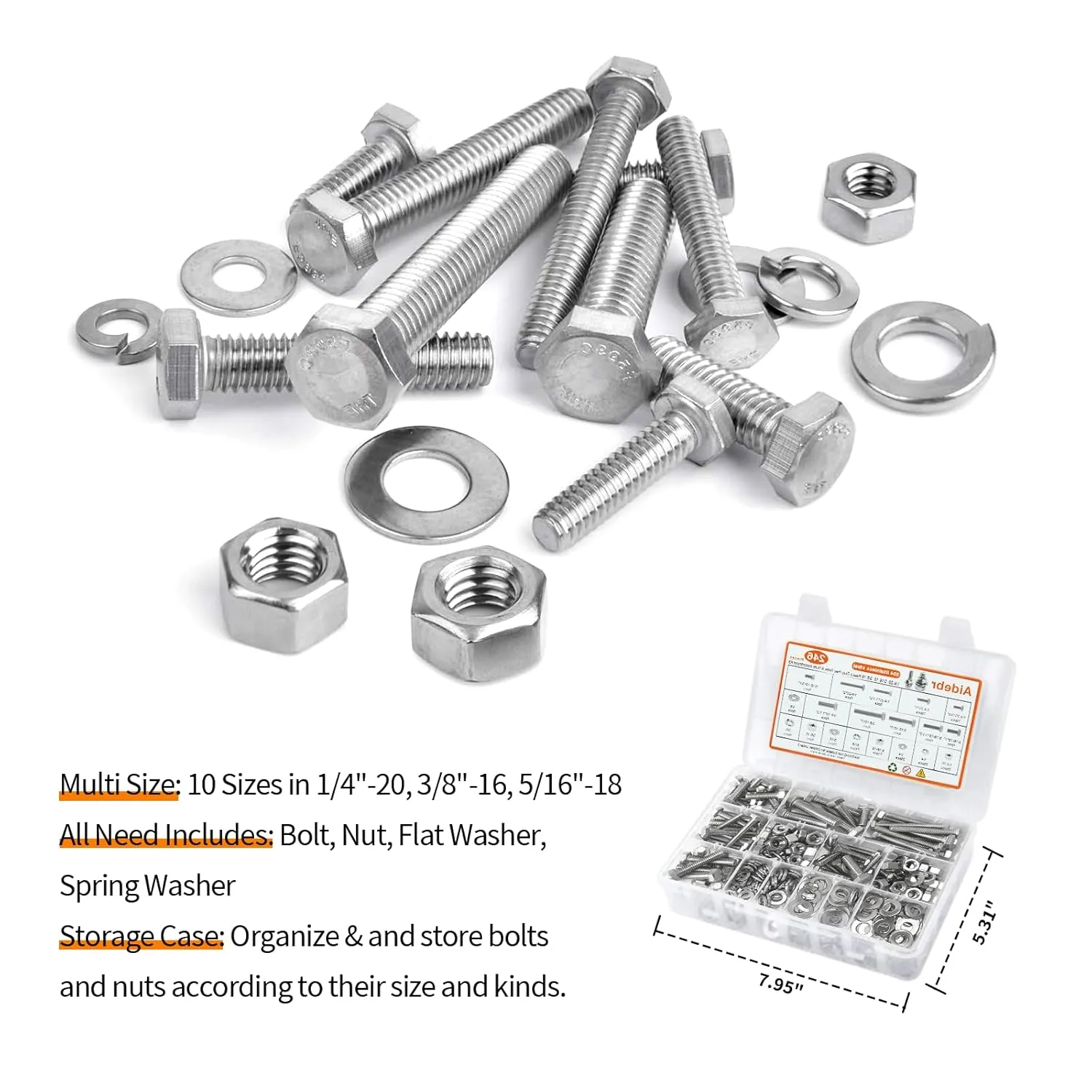 Stainless Steel Hex Head Nuts and Bolts Assortment Kit, 246PCS Bolt Assortment Kit 1/4-20, 5/16-18,3/8-16 Assorted Nuts Bolts and Flat & Spring Lock Washer Assortment with Storage Case
