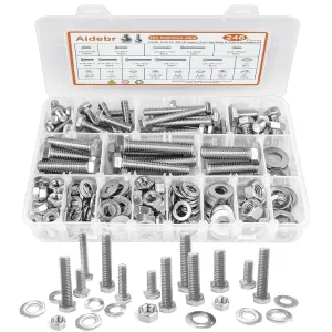 Stainless Steel Hex Head Nuts and Bolts Assortment Kit, 246PCS Bolt Assortment Kit 1/4-20, 5/16-18,3/8-16 Assorted Nuts Bolts and Flat & Spring Lock Washer Assortment with Storage Case
