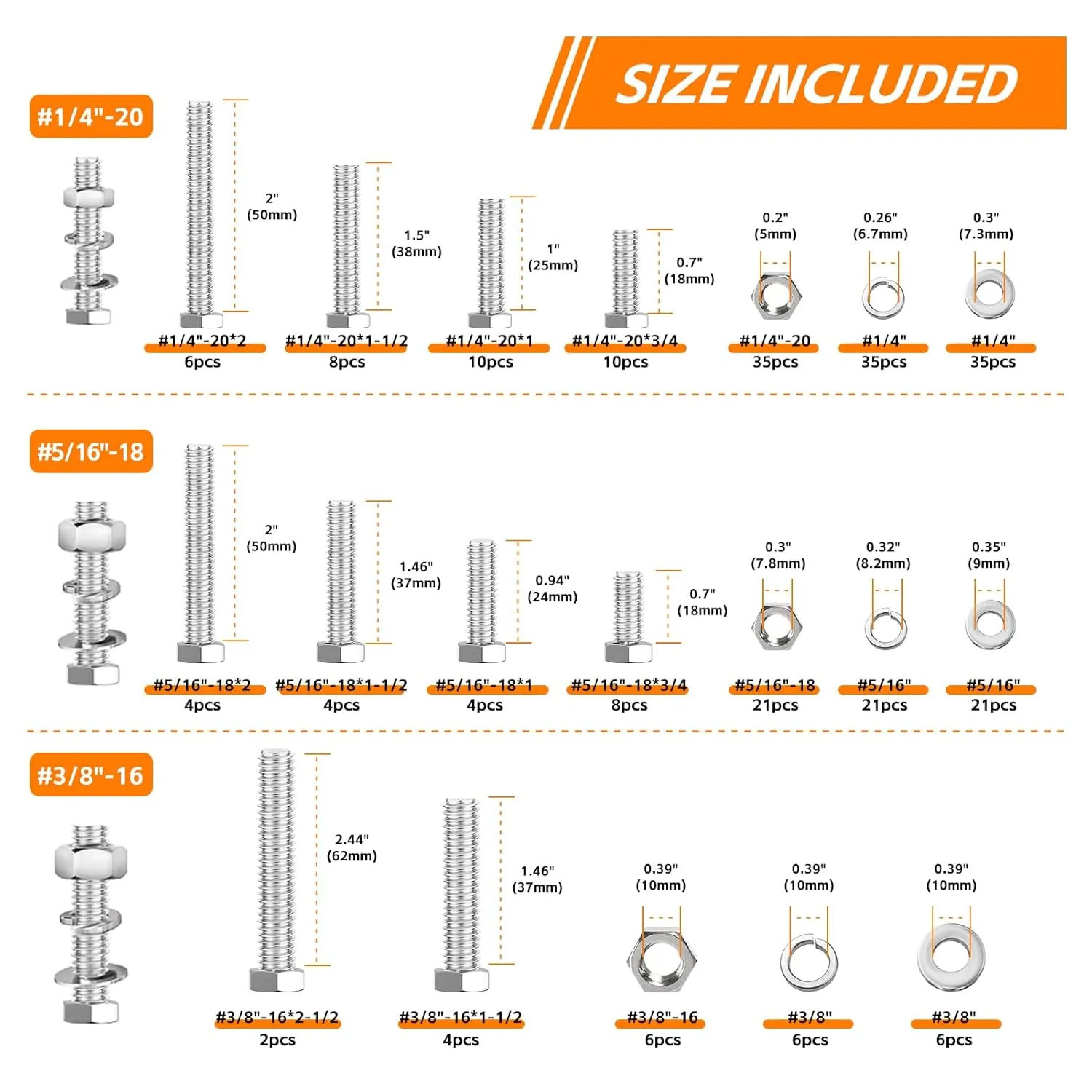 Stainless Steel Hex Head Nuts and Bolts Assortment Kit, 246PCS Bolt Assortment Kit 1/4-20, 5/16-18,3/8-16 Assorted Nuts Bolts and Flat & Spring Lock Washer Assortment with Storage Case