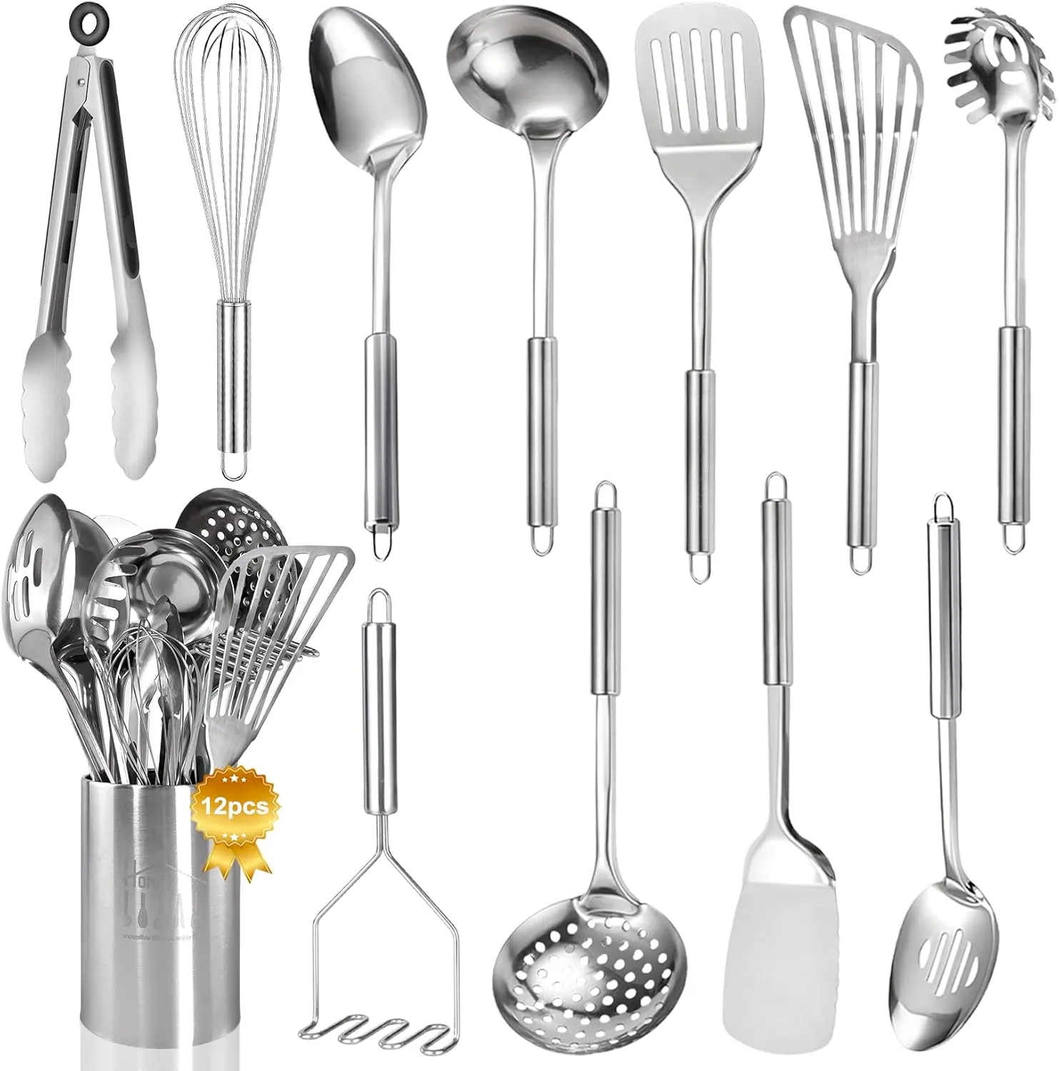 Stainless Steel Kitchen Utensils Set - 12pcs Cooking Utensils Set with Holder, Heat Resistant Kitchen Tool Set for Cooking with Turners, Potato Masher, Spatula, Spoons, Tongs, Whisk