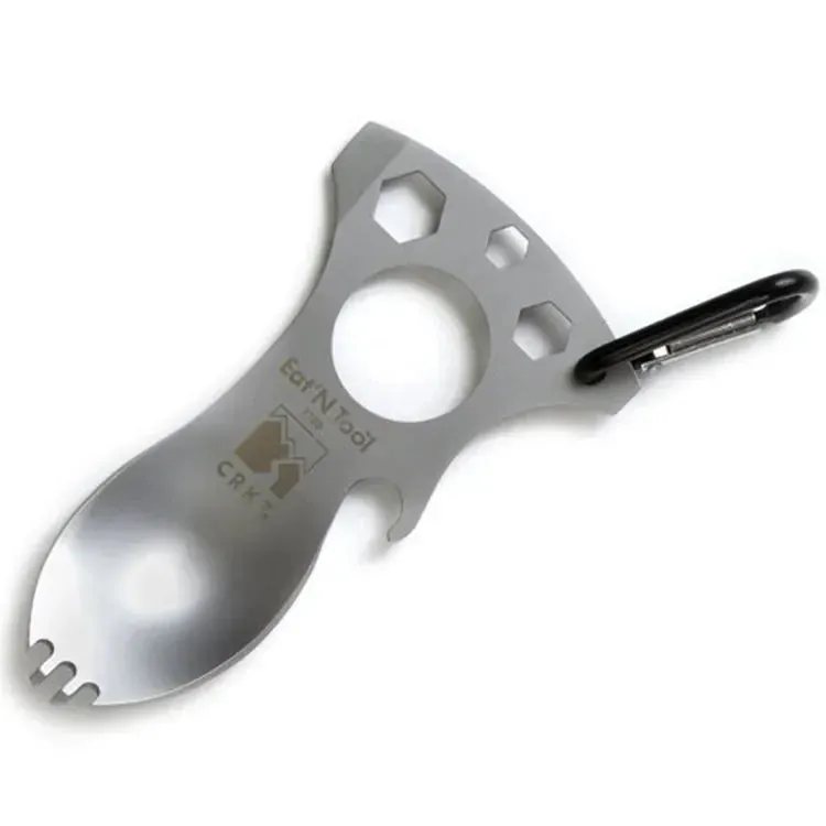 Stainless Steel Tactical Spork – Multi-Function EDC Spoon, Fork, Hex Wrench, Bottle Opener, and Carabiner