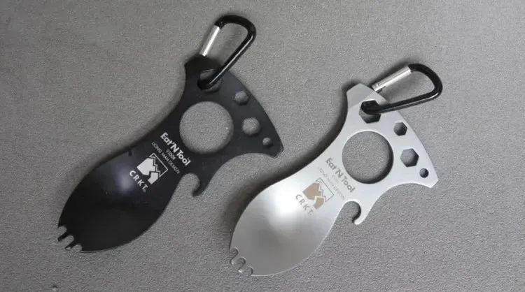 Stainless Steel Tactical Spork – Multi-Function EDC Spoon, Fork, Hex Wrench, Bottle Opener, and Carabiner