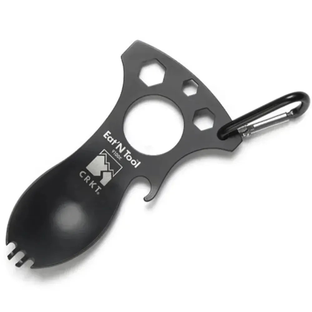 Stainless Steel Tactical Spork – Multi-Function EDC Spoon, Fork, Hex Wrench, Bottle Opener, and Carabiner