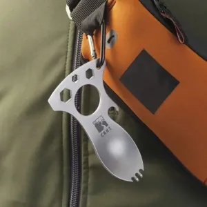 Stainless Steel Tactical Spork – Multi-Function EDC Spoon, Fork, Hex Wrench, Bottle Opener, and Carabiner
