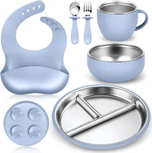 Stainless Steel Toddler Plates & Bowls Set with Silicone | 6-Piece Baby Feeding Essentials BPA-Free Durable Divided Suction Plate, Bowls, Cups, Bibs, Spoon & Fork for 6  Months Dishwasher Safe